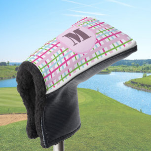 Rosa und grüne preppy karierte Damenmonogramm Golf Headcover