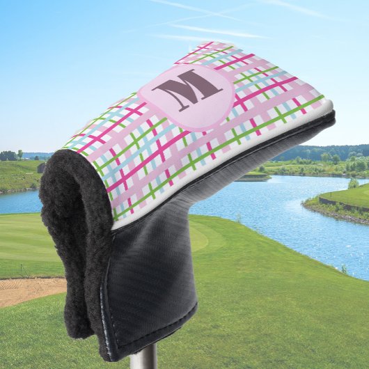 Rosa und grüne preppy karierte Damenmonogramm Golf Headcover