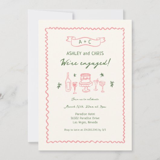 Rosa und grüne, rauschige Hand gezeichnete Engagem Einladung (Vorderseite)