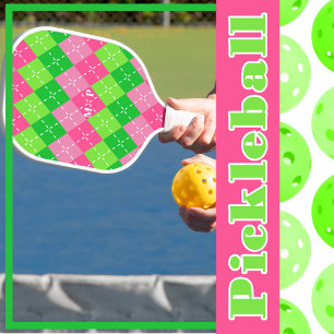 Rosa und grüne Raute mit weißem Stich Pickleball Schläger