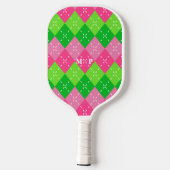 Rosa und grüne Raute mit weißem Stich Pickleball Schläger (Rückseite)