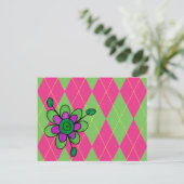 Rosa und grüne Raute und Blume Postkarte (Stehend Vorderseite)