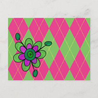 Rosa und grüne Raute und Blume Postkarte