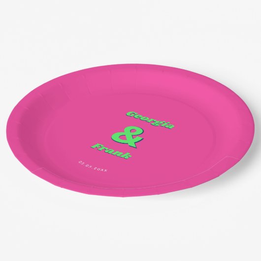 Rosa und grüne Retro-Hochzeitspartei Pappteller (Schrägansicht)