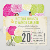 Rosa und grüne Rose Ihr Foto Typografie Einladung (Vorne/Hinten)