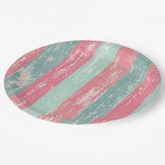 Rosa und grüne rustikale Holzzaun Grunge Textur Pappteller (Schrägansicht)