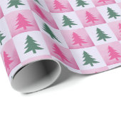 Rosa und grüne Schachbrettbäume Moderne Weihnachte Geschenkpapier (Rolleneckpunkt)
