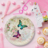 Rosa und grüne Schmetterlinge auf Vintagem Muster Pappteller (Party)