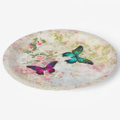 Rosa und grüne Schmetterlinge auf Vintagem Muster Pappteller (Schrägansicht)