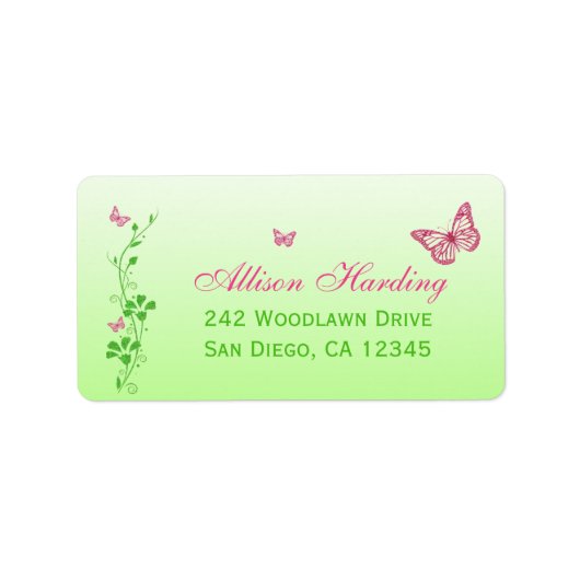 Rosa und grüne Schmetterlingsfloraladresse Adressaufkleber (Vorne)