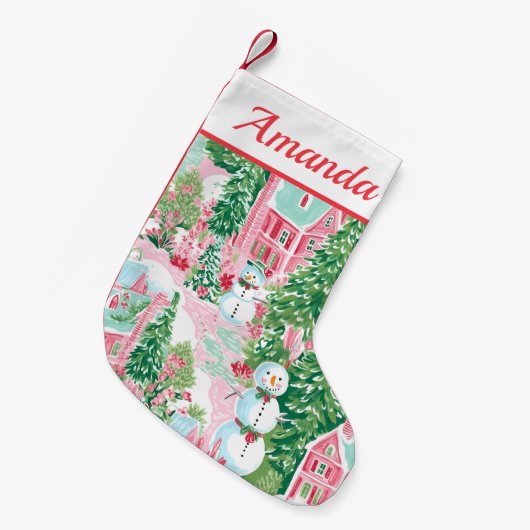 Rosa und grüne Schneemänner Kleiner Weihnachtsstrumpf (Vorderansicht (hängend))