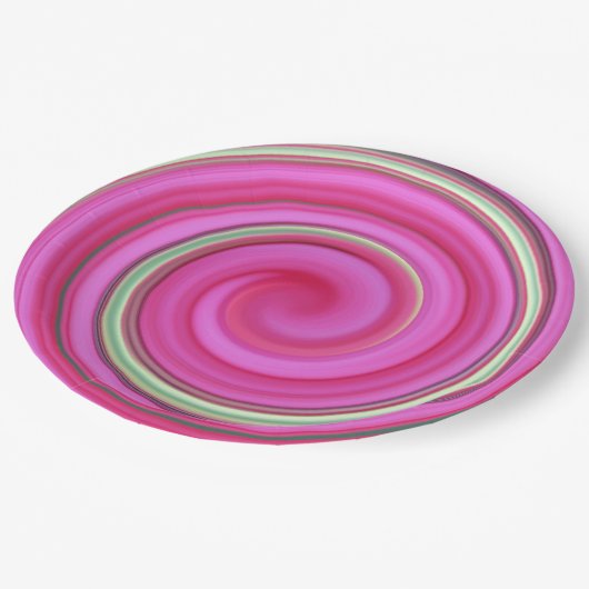 Rosa und grüne Spirale Pappteller (Schrägansicht)