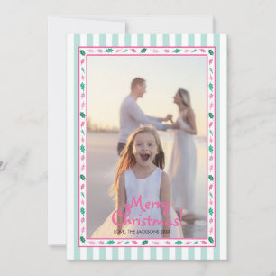 Rosa und grüne Stechpalmenblätter-Rahmen-Familienf Feiertagskarte