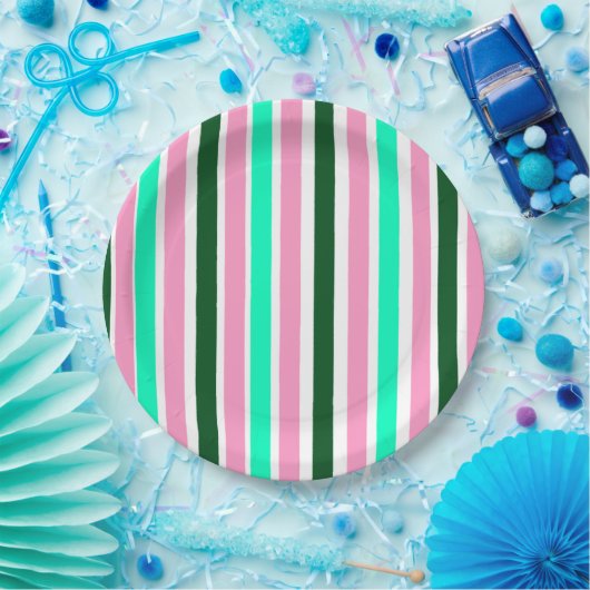 Rosa und grüne Streifen Pappteller (Party)