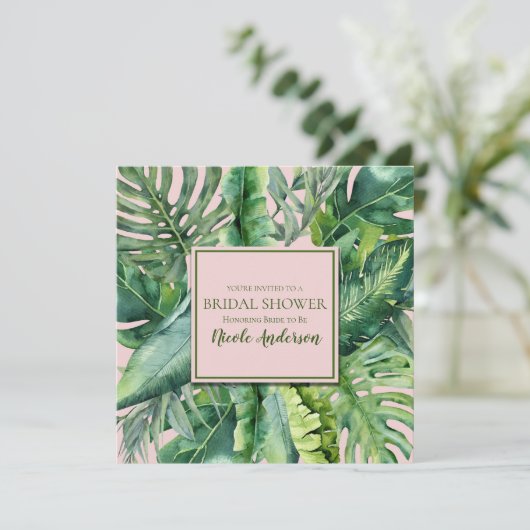 Rosa und grüne tropische Blätter Brautparty Einladung (Stehend Vorderseite)