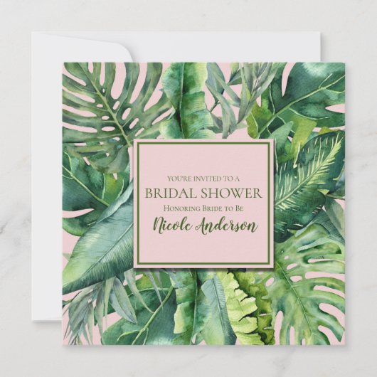 Rosa und grüne tropische Blätter Brautparty Einladung (Vorderseite)