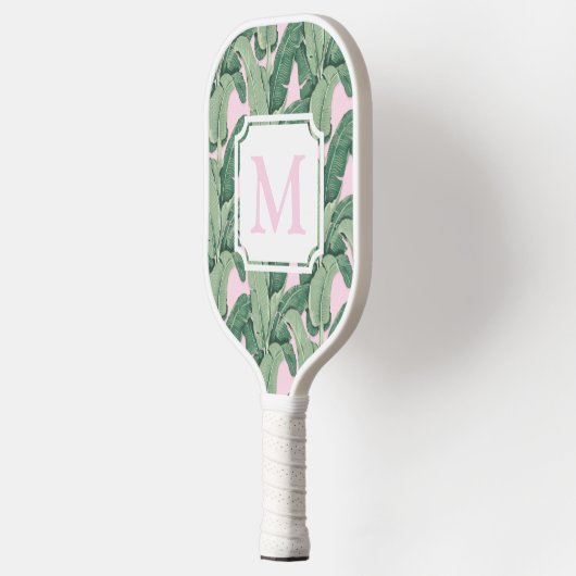 Rosa und grüne tropische Blätter | Monogram Cabana Pickleball Schläger (Links)