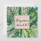 Rosa und grüne tropische Blätter Sweet 16 Party Einladung (Vorderseite)