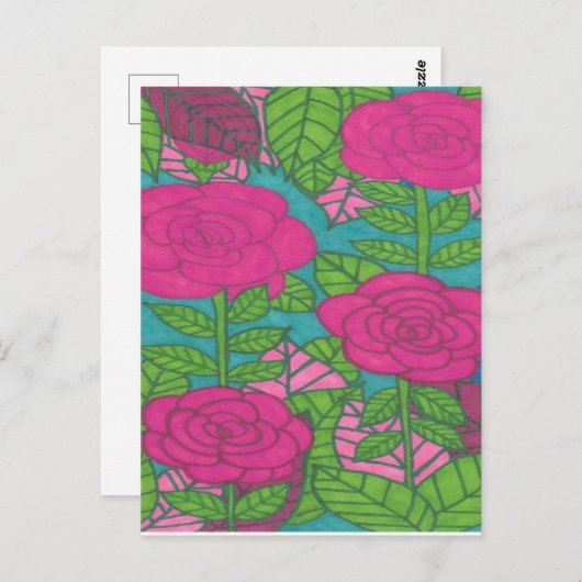 Rosa und grüne tropische Blätter und Blume Postkarte (Vorne/Hinten)