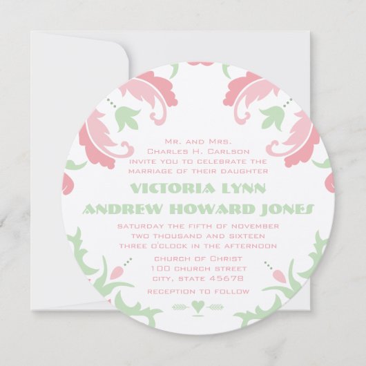 Rosa und grüne Vintage Damaskus-Hochzeit Einladung (Vorderseite)