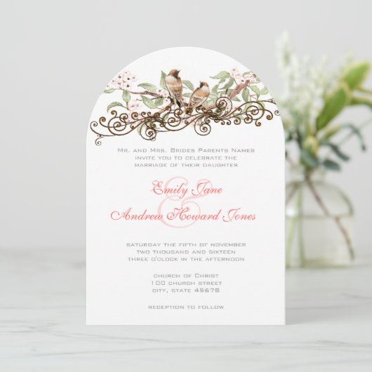 Rosa und grüne Vintage Liebesvögel Hochzeit Einlad Einladung (Stehend Vorderseite)