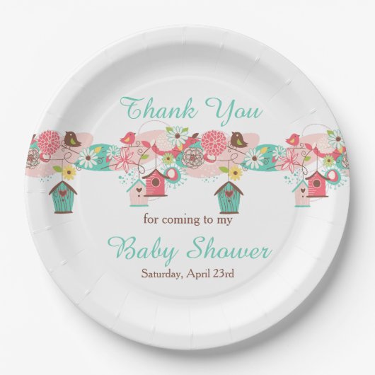 Rosa und grüne Vogelkäfige Kinderdusche Pappteller (Vorderseite)