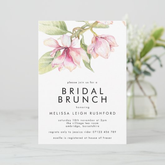 Rosa und grüne Wasserfarbe Magnolia Bridal Brunch Einladung (Stehend Vorderseite)
