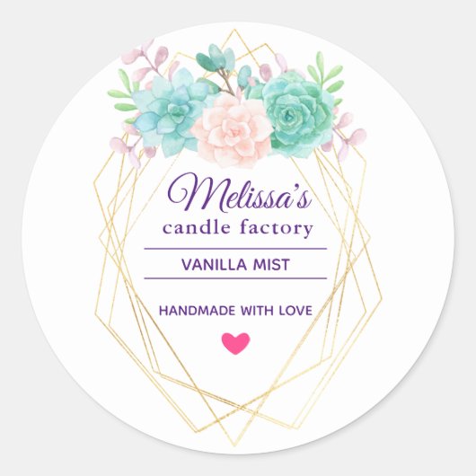 Rosa und grüne Wasserfarbe Sukkuläre Kerzenseife Runder Aufkleber (Vorderseite)