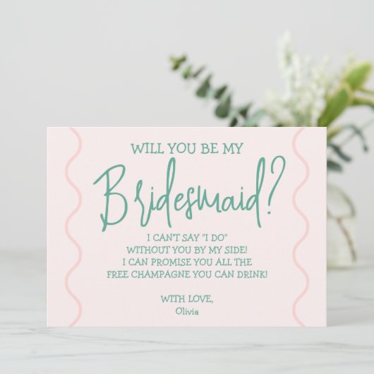 Rosa und grüne Wavy-Hochzeit Einladung (Stehend Vorderseite)