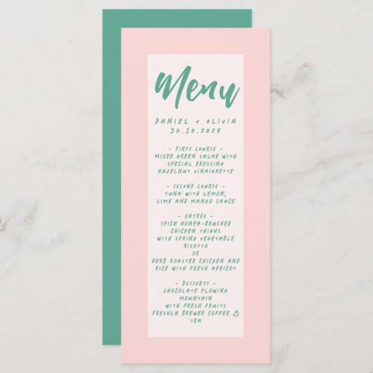 Rosa und grüne Wavy-Hochzeit Menükarte (Vorne/Hinten)