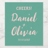 Rosa und grüne Wavy-Hochzeit Weinetikett (Einzelnes Label)