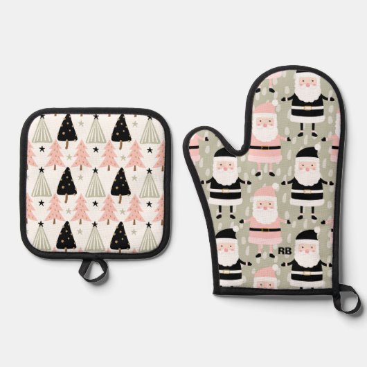 Rosa und grüne Weihnachten Ofenhandschuh & Topflappen-Set (Vorderseite)