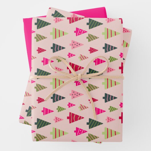 Rosa und grüne Weihnachtsbäume Geschenkpapier Set (Beispiel)
