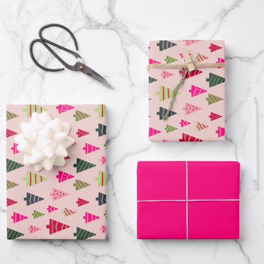 Rosa und grüne Weihnachtsbäume Geschenkpapier Set (Vorderseite)