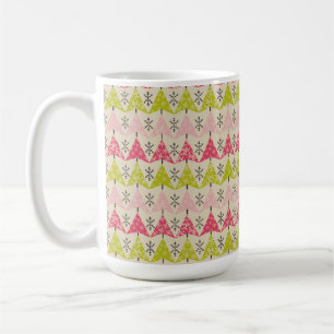 Rosa und grüne Weihnachtsbäume mit Schneeflocken Kaffeetasse
