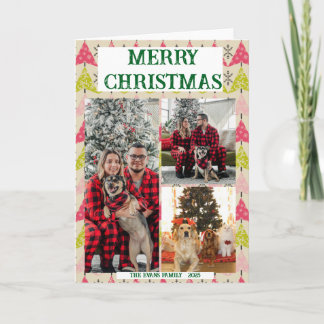 Rosa und grüne Weihnachtsbäume mit Schneeflocken Karte