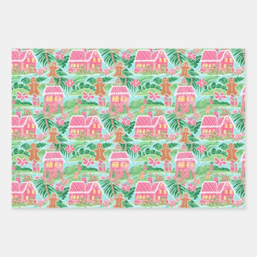 Rosa und grüne Weihnachtsgingerbäume Geschenkpapier Set (Vorderseite)