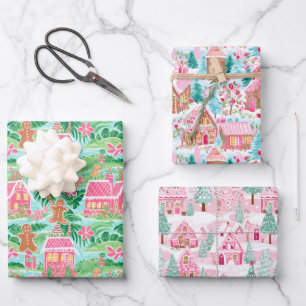 Rosa und grüne Weihnachtsgingerbäume Geschenkpapier Set