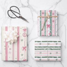 Rosa und grüne Weihnachtsstreifen Geschenkpapier Set