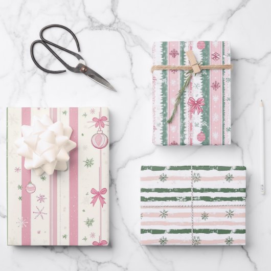 Rosa und grüne Weihnachtsstreifen Geschenkpapier Set (Vorderseite)