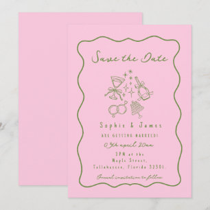 rosa und grüne Whimsical Doodle Trendige Hochzeit Einladung