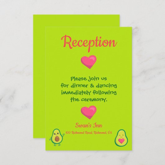 Rosa und grüner Avocado Hochzeitsempfang Begleitkarte (Vorne/Hinten)