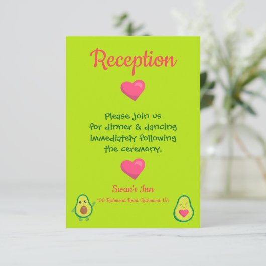 Rosa und grüner Avocado Hochzeitsempfang Begleitkarte (Stehend Vorderseite)
