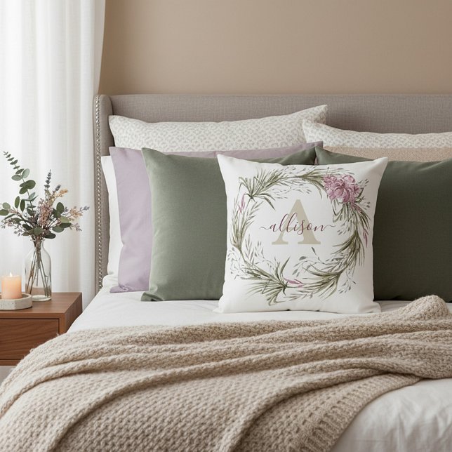 Rosa und grüner Blumenkranz personalisiert Kissen (Von Creator hochgeladen)