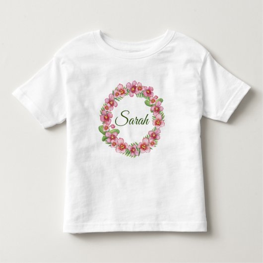 Rosa und grüner Blumenkranz personalisiert Kleinkind T-shirt (Vorderseite)