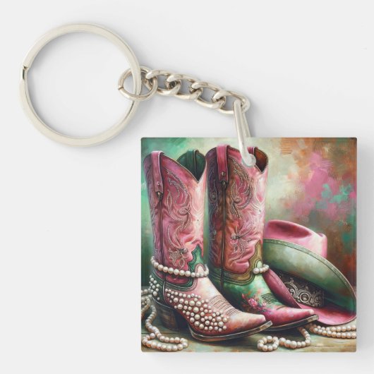 Rosa und grüner Cowboy Boots Schlüsselanhänger (Vorderseite)
