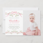 Rosa und Grüner Frühlingshof 1. Geburtstag Foto Einladung (Vorderseite)