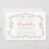 Rosa und Grüner Frühlingshof 1. Geburtstag Party Einladung (Vorderseite)