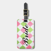rosa und grüner Gingham "Braut" Gepäckanhänger (Vorderseite vertikal)