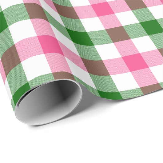 Rosa und grüner Gingham Geschenkpapier (Rolleneckpunkt)